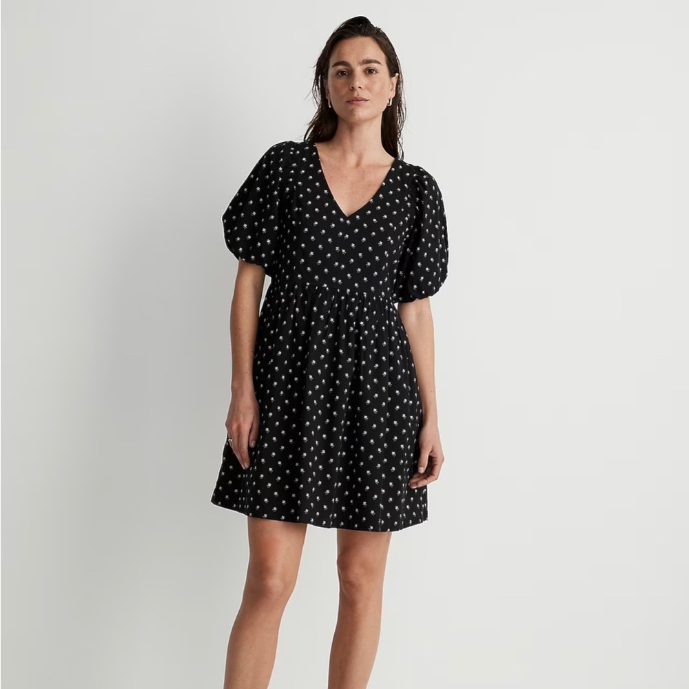 Madewell V-Neck Puff-Sleeve Mini Dress in Floral Ikat Size XS Black